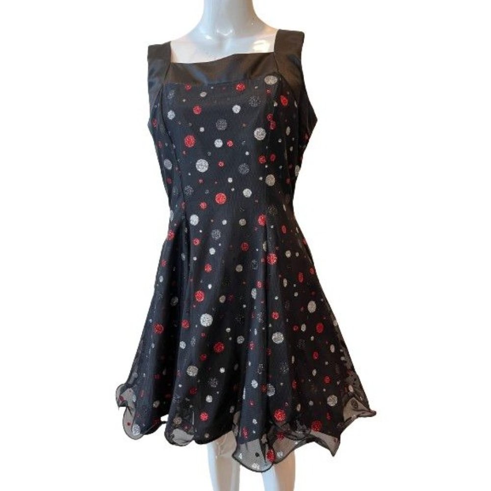 Rivar's Women Fit & Flare Dress Back Zip Polka Dots Mesh Backless Black SZ 11/12